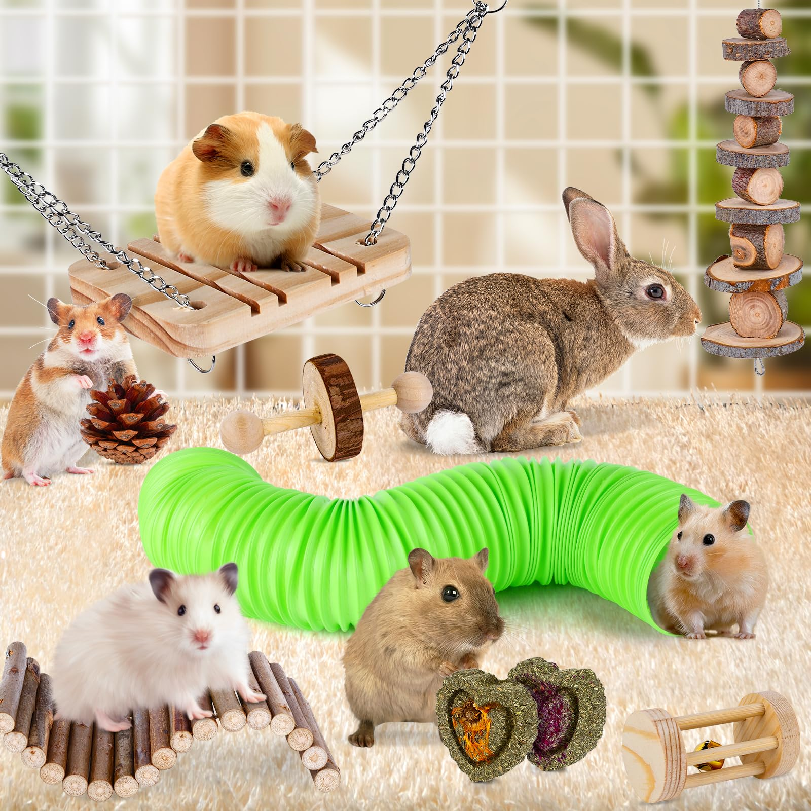 Hamster Chew Toy Set – Natural Wood Small Animal Toys with Apple Wood, Timothy Hay, Bridge, Swing & Cage Accessories for Hamsters, Guinea Pigs & Rodents
