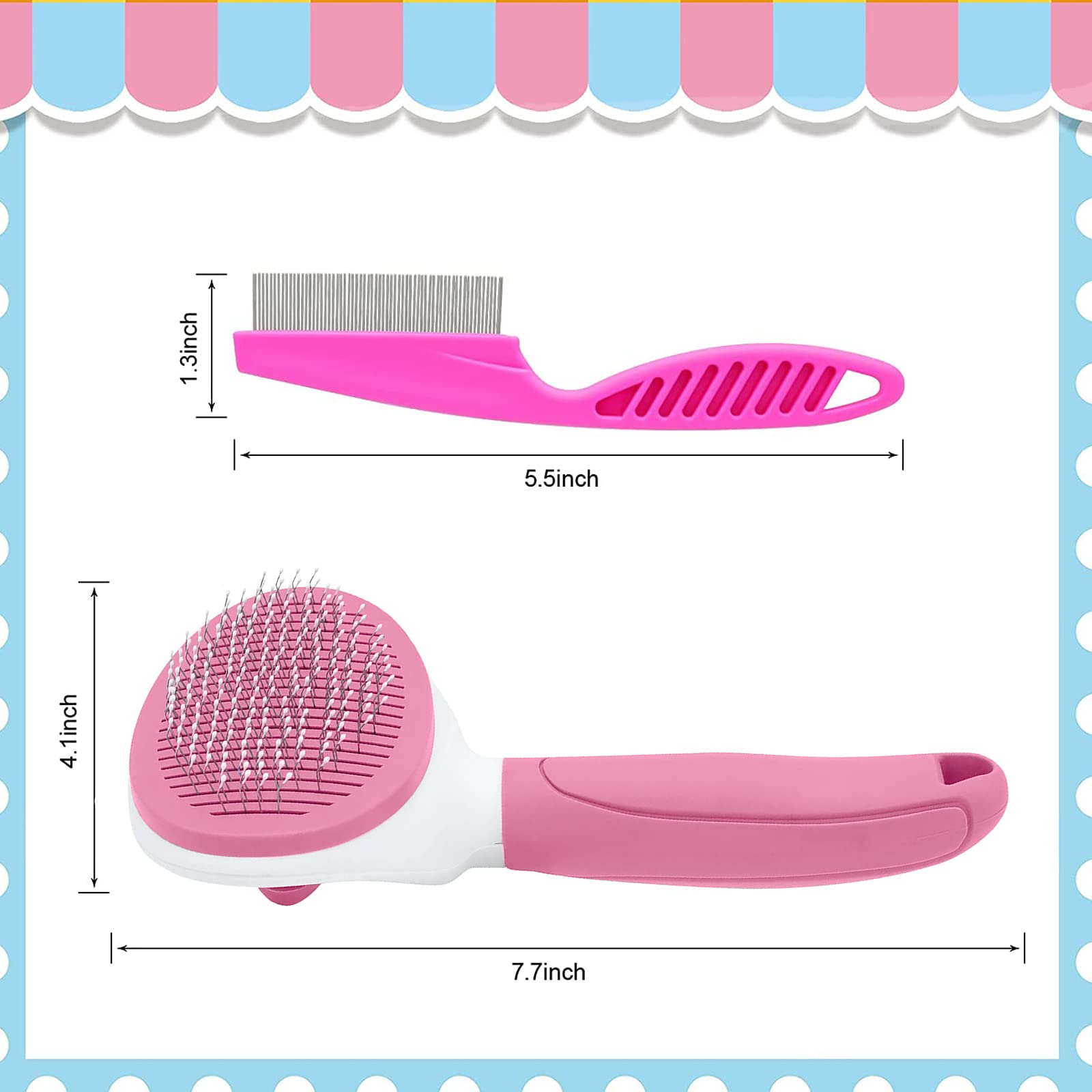 Self-Cleaning Pet Grooming Brush with Metal Comb, One-Click Hair Release, Stainless Steel Pins for Cats, Dogs & Rabbits, Pink