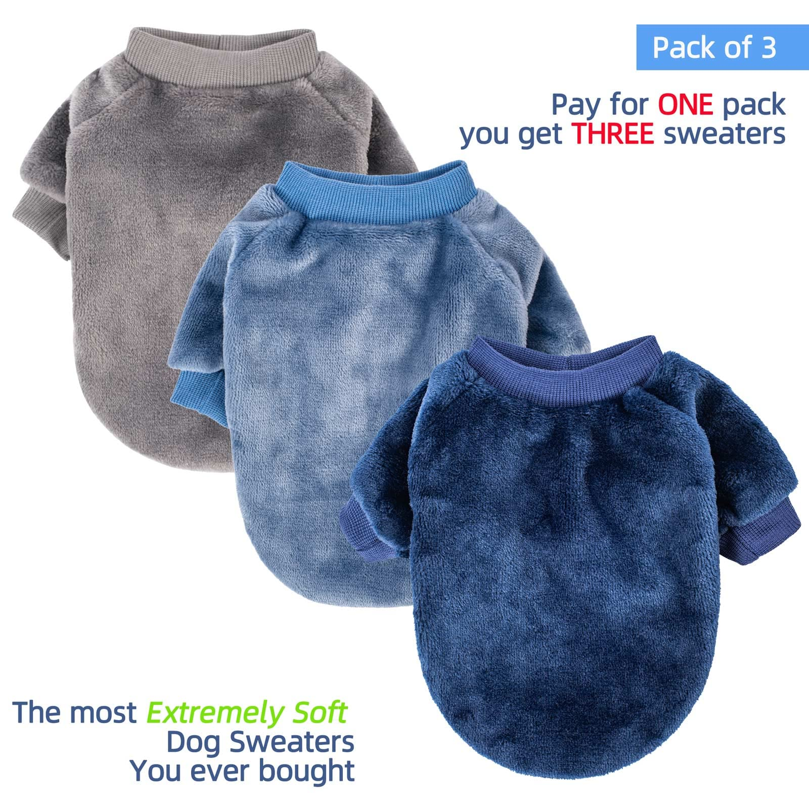 3 Pack Dog Sweaters for Small Dogs and Cats, Ultra Soft Warm Pet Jackets, Winter Puppy Apparel, Grey, Blue & Dark Blue, Small