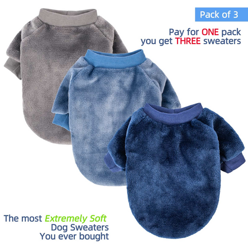3 Pack Dog Sweaters for Small Dogs and Cats, Ultra Soft Warm Pet Jackets, Winter Puppy Apparel, Grey, Blue & Dark Blue, Small