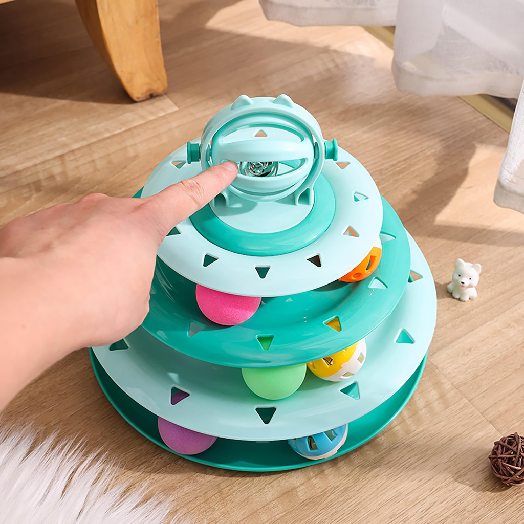 4-Level Cat Toy Roller with 14 Pom Pom Balls – Interactive Turntable Puzzle Toy for Indoor Cats & Kittens, Green