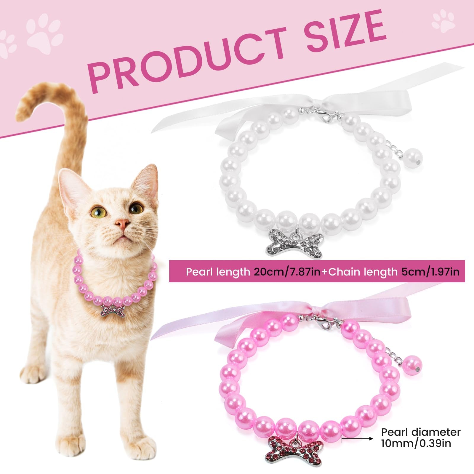 2 Pack Pearl Pet Collar Necklace with Rhinestones and Ribbon Bow, Adjustable Dog & Cat Jewelry for Weddings, Parties & Photos