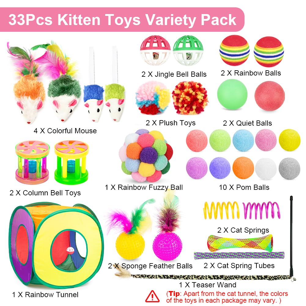 33-Pack Cat Toys for Indoor Cats – Collapsible Cat Tunnel with Feather Wand, Balls, Springs, Mice & Interactive Kitten Play Set