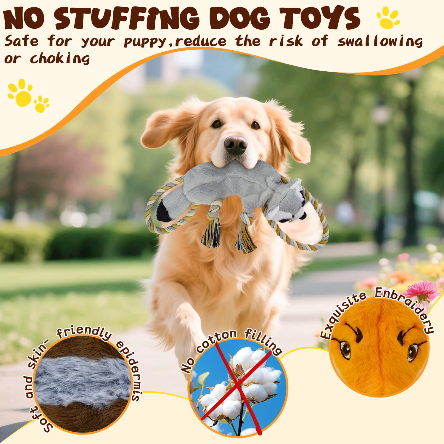 3-Pack No Stuffing Dog Squeaky Toys – Plush Rope Tug Toys with Crinkle Paper for Small, Medium & Large Dogs, Raccoon, Honey Badger & Fox