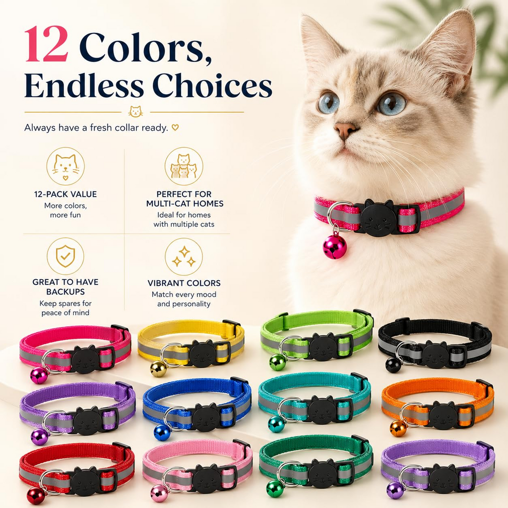 12 Pack Reflective Breakaway Cat Collars with Bells, Adjustable Lightweight Waterproof Safety Collars for Cats and Kittens