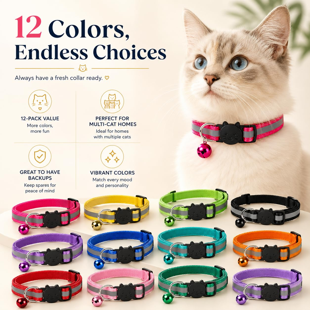 12 Pack Reflective Breakaway Cat Collars with Bells, Adjustable Lightweight Waterproof Safety Collars for Cats and Kittens