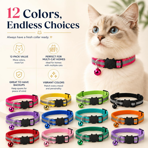 12 Pack Reflective Breakaway Cat Collars with Bells, Adjustable Lightweight Waterproof Safety Collars for Cats and Kittens
