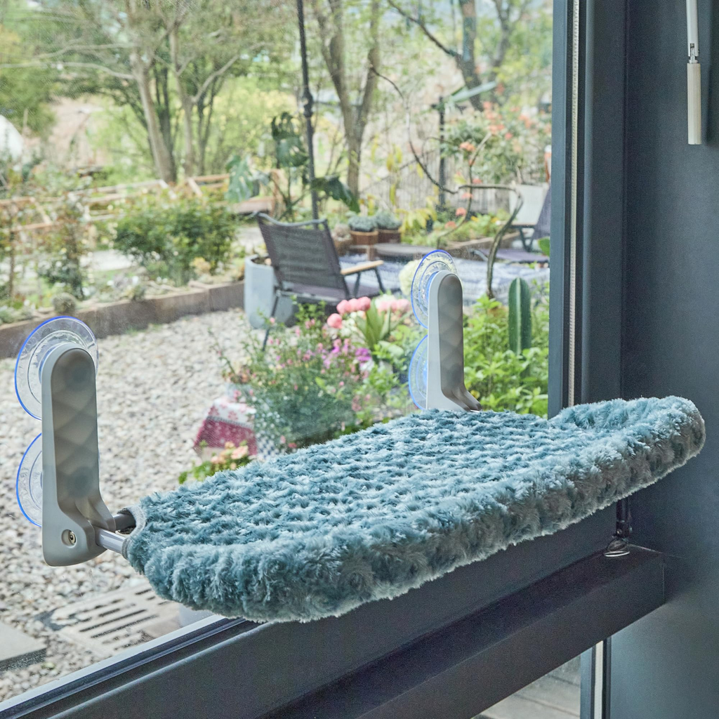 Cat Window Perch with Cushion Rim, Portable Wall Hammock with Heavy-Duty Suction Cups, Plush & Breathable Design, Green