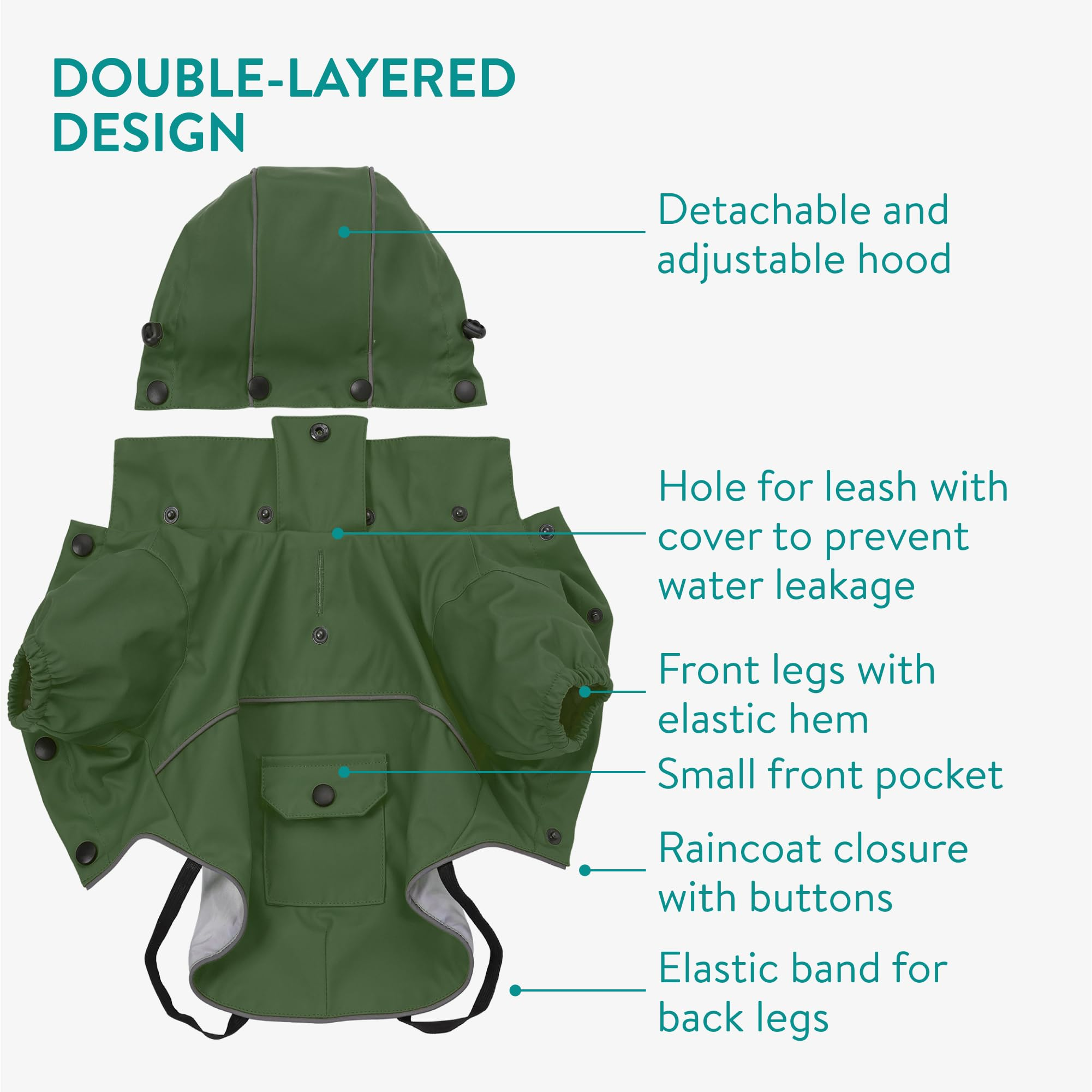 Waterproof Hooded Dog Rain Jacket with Removable Hood, Double-Layer Water-Resistant Dog Raincoat with Pocket, Size M, Green