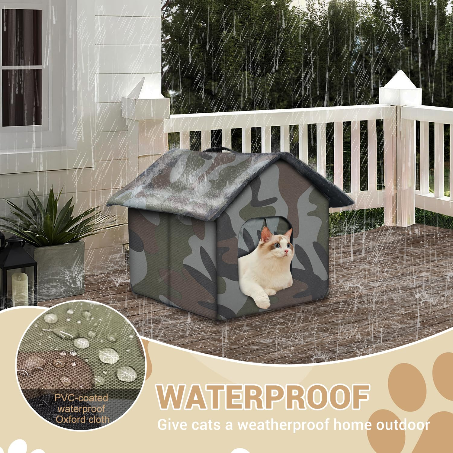 Outdoor Cat House for Outdoor Cats – Waterproof 600D Oxford Feral Cat Shelter with Insulated Mat, Foldable Weatherproof Pet House for Winter, Green