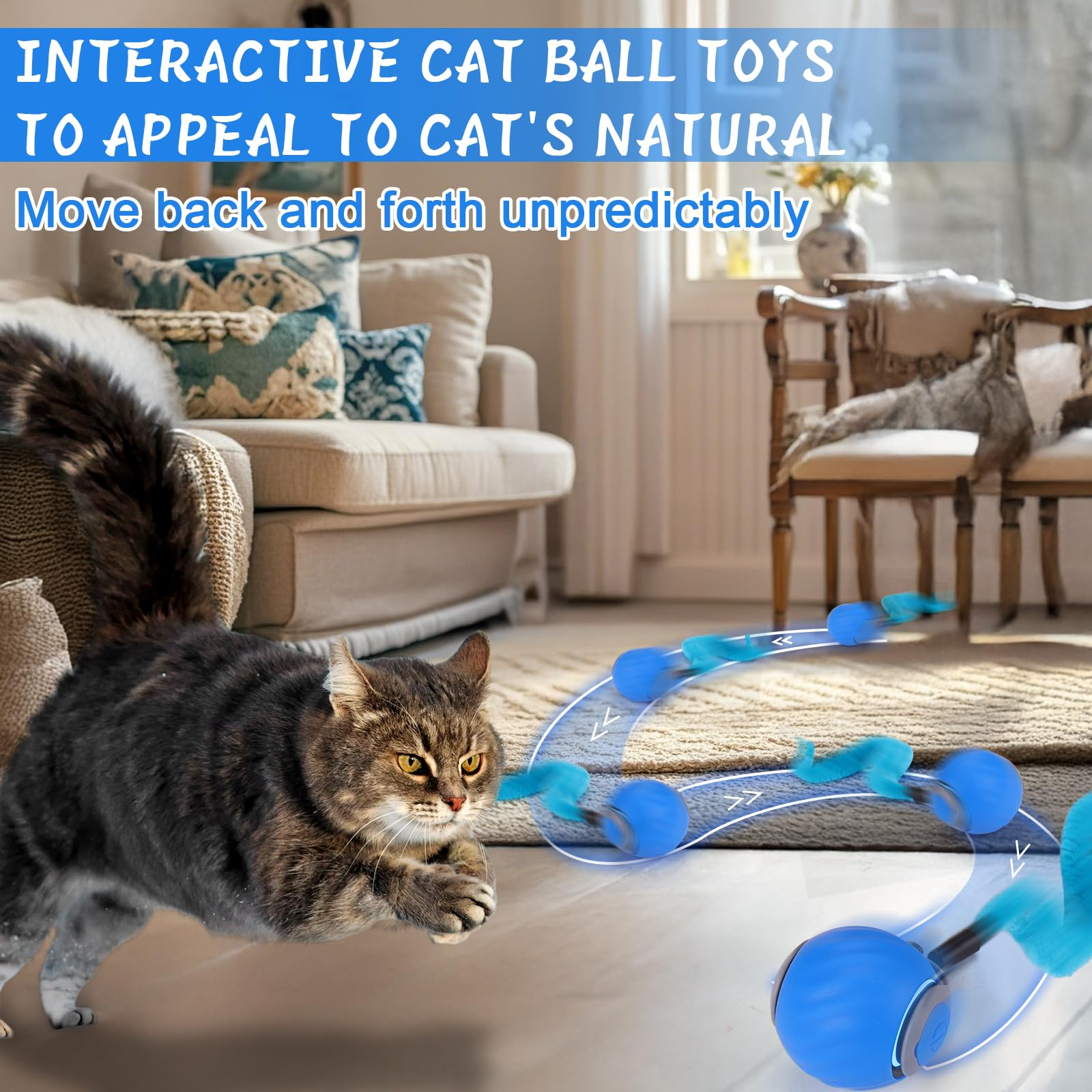 Automatic Interactive Cat Toy Ball – Rechargeable Cat Enrichment Toy with 3 Tails, 2 Speed Modes & Intelligent Play for Indoor Cats, Blue
