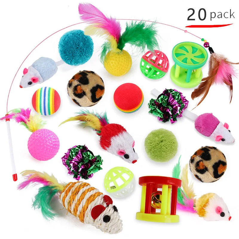 Kitten Toys Variety Pack with Cat Wand, Sisal Mouse, Bell Ball & Storage Bag, Interactive Cat Toy Set for Indoor Cats