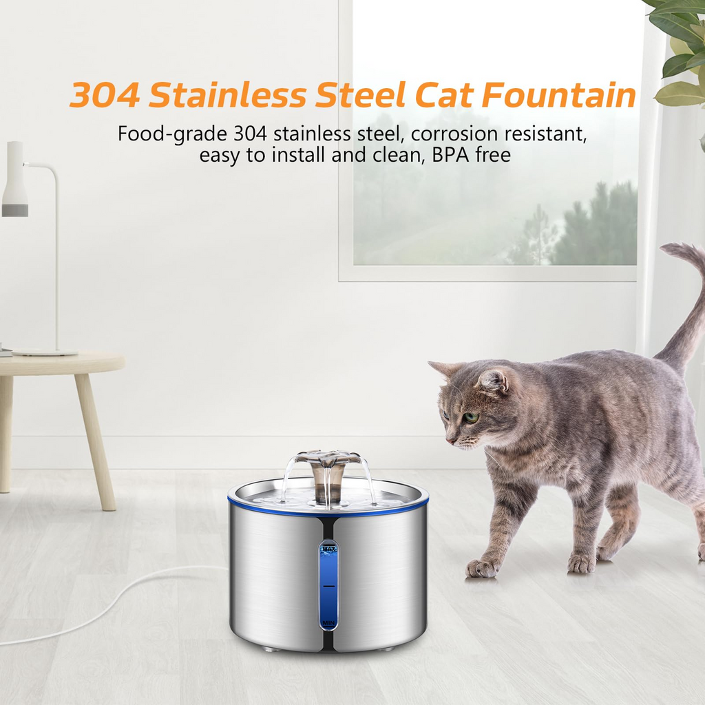 84oz Stainless Steel Cat Water Fountain – 2.5L Automatic Pet Water Fountain with Multi-Layer Filtration, Ultra-Quiet Pump & Water Level Window