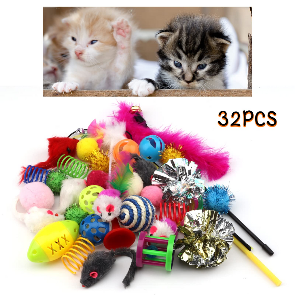 32 Piece Cat Toy Variety Pack with Feather Toys, Mouse Toys, Balls, Crinkle Toys, Teaser Wand & Catnip Toys for Indoor Cats and Kittens