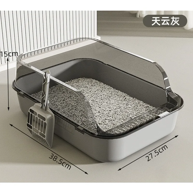 Semi Covered Cat Litter Box with Removable Scoop, Plastic Anti-Tracking Pet Toilet for Odor Control