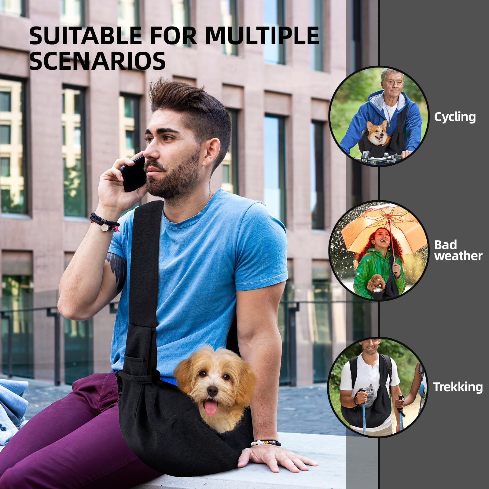 Reversible Dog Carrier Sling for Small Dogs & Cats – Hands-Free Pet Carrier with Safety Harness, Storage Pocket, Machine Washable, Black