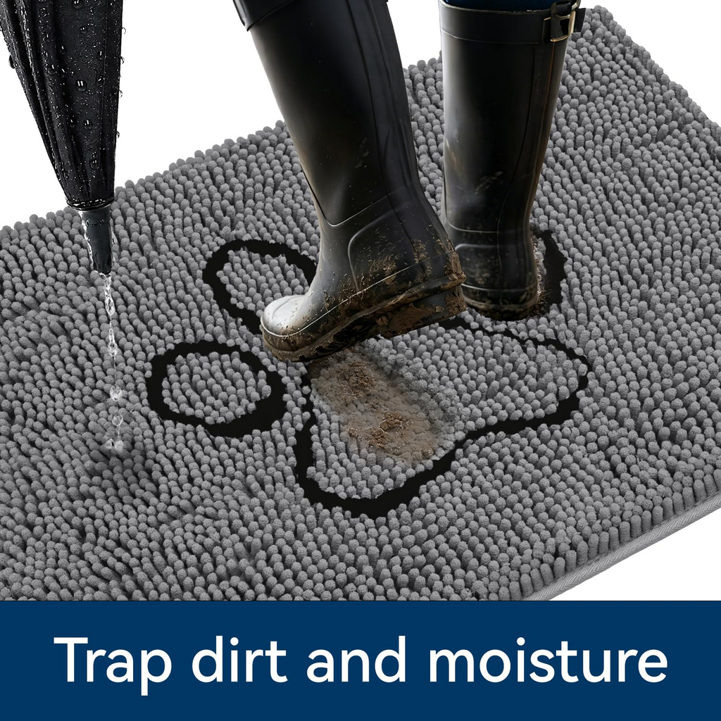 30×20 Absorbent Chenille Dog Doormat – Non-Slip Quick Dry Entryway Rug Ideal for Homes with Dogs, Machine Washable Dirt Trapper for Muddy Paws (Grey 30×20 Inches)
