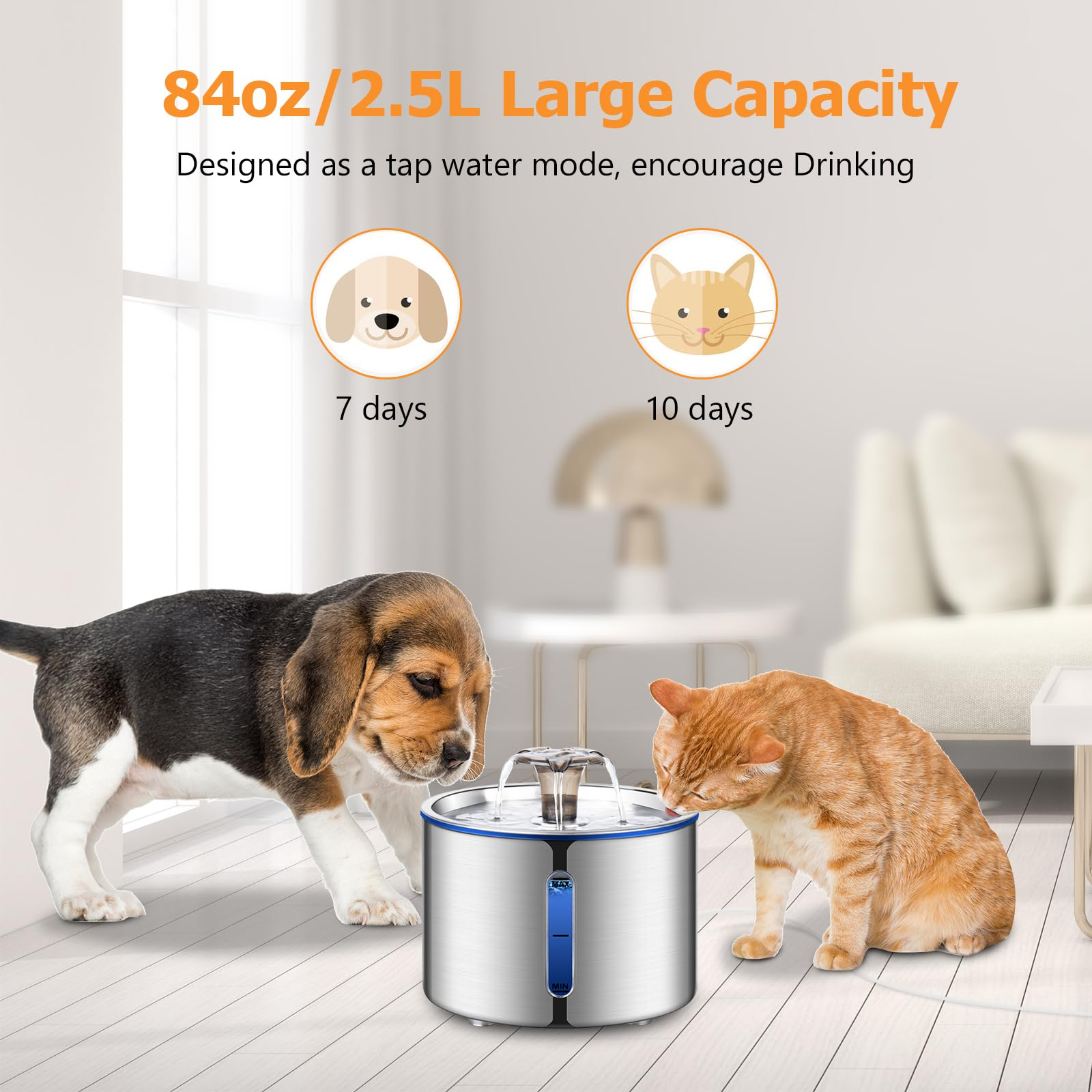 84oz Stainless Steel Cat Water Fountain – 2.5L Automatic Pet Water Fountain with Multi-Layer Filtration, Ultra-Quiet Pump & Water Level Window