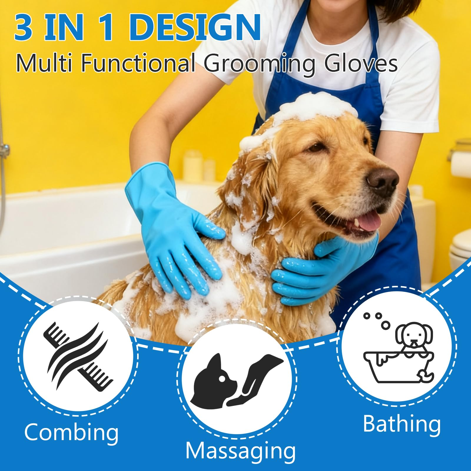 6 Piece Pet Grooming Kit with Silicone Bath Gloves, Dog & Cat Bath Brush Set, Pet Comb, Facial Brush and Finger Toothbrush