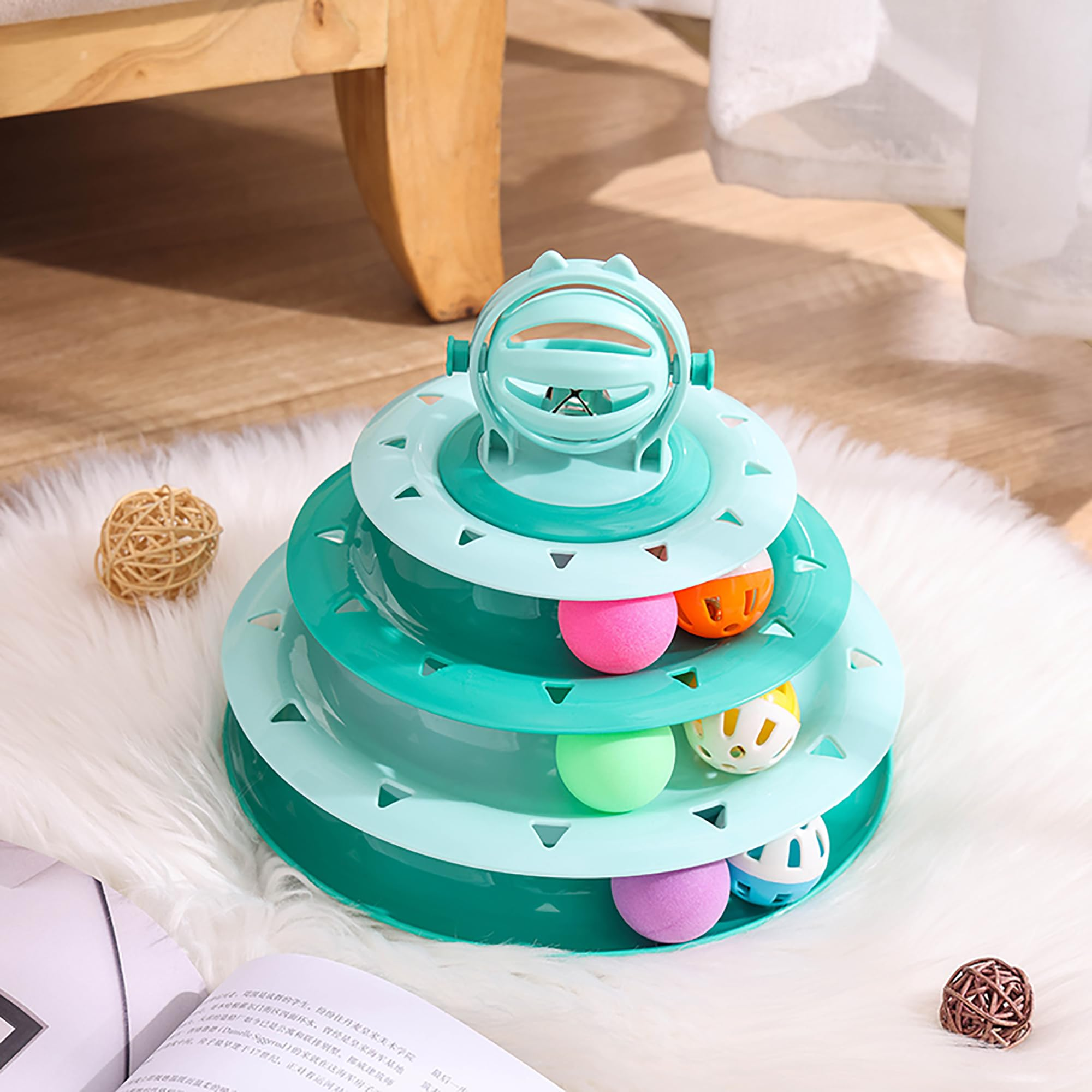 4-Level Cat Toy Roller with 14 Pom Pom Balls – Interactive Turntable Puzzle Toy for Indoor Cats & Kittens, Green