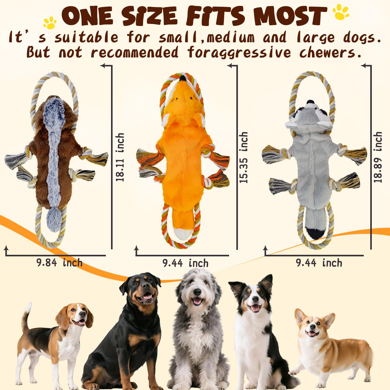 3-Pack No Stuffing Dog Squeaky Toys – Plush Rope Tug Toys with Crinkle Paper for Small, Medium & Large Dogs, Raccoon, Honey Badger & Fox