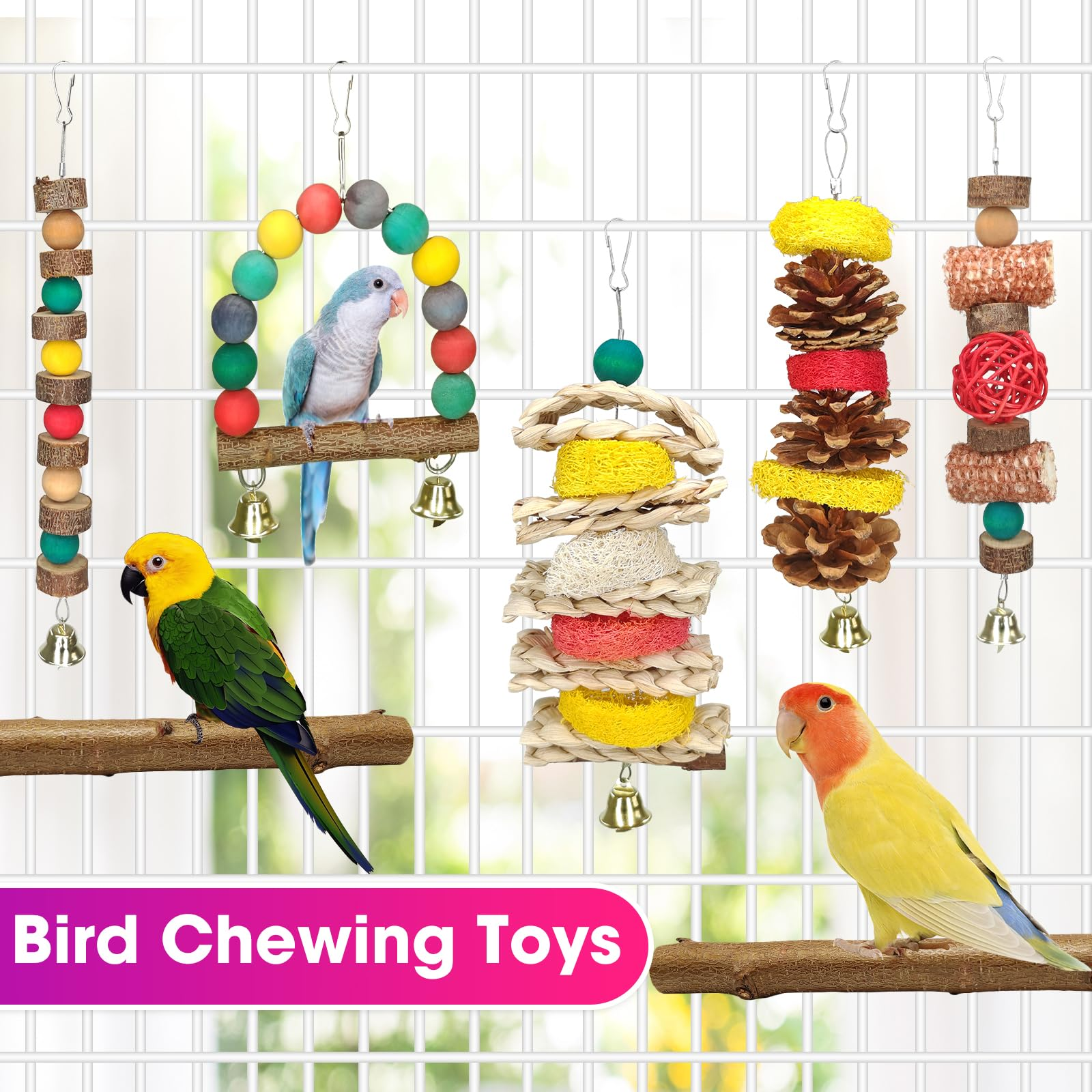 7 Piece Natural Wood Bird Toy & Perch Set for Parakeets, Cockatiels, Lovebirds & Budgies, Hanging Cage Play Accessory