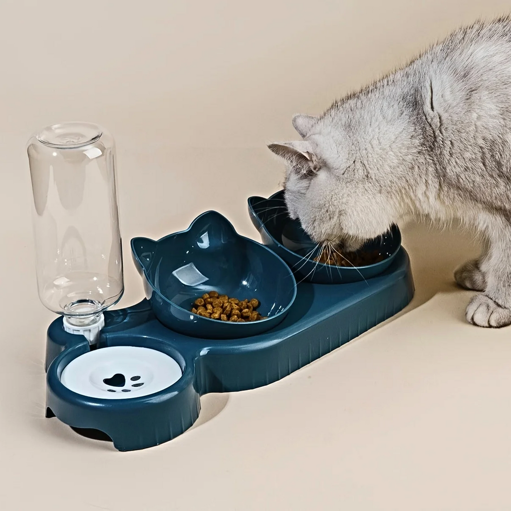 3-in-1 Tilted Pet Food & Water Bowl Set with Gravity Water Feeder, Ear-Shaped Cat & Small Pet Feeding Station