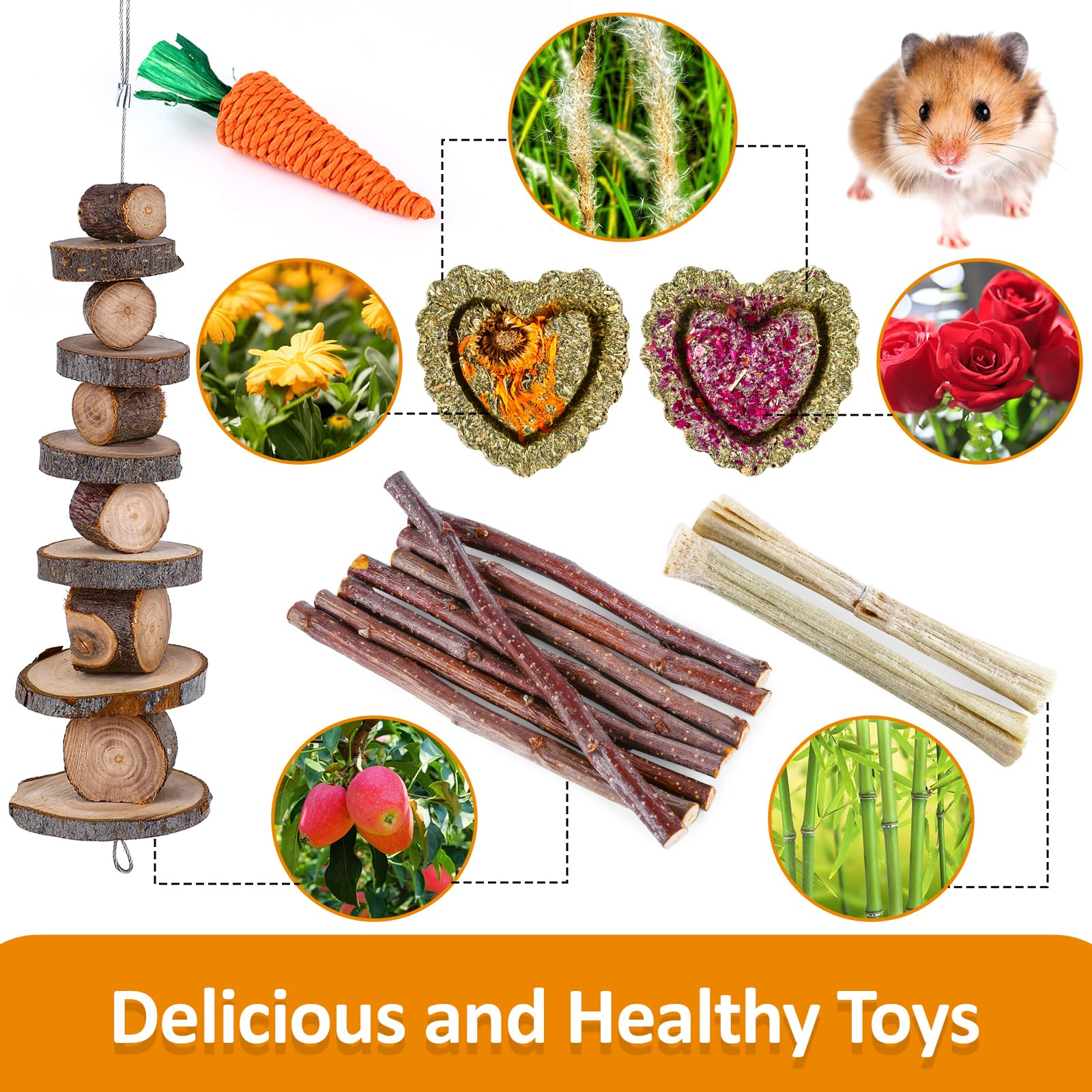 Hamster Chew Toy Set – Natural Wood Small Animal Toys with Apple Wood, Timothy Hay, Bridge, Swing & Cage Accessories for Hamsters, Guinea Pigs & Rodents