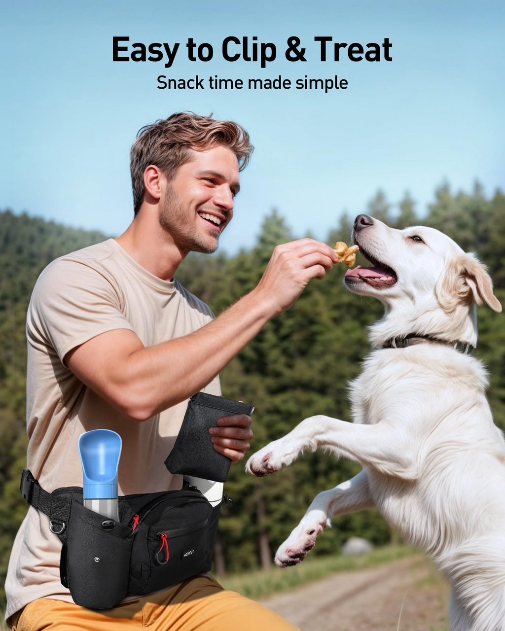 Dog Walking Fanny Pack with Treat Pouch – Adjustable Waist Bag with Removable Snack Pouch, Water Bottle Holder, Poop Bag Dispenser & Waterproof Zipper, Black