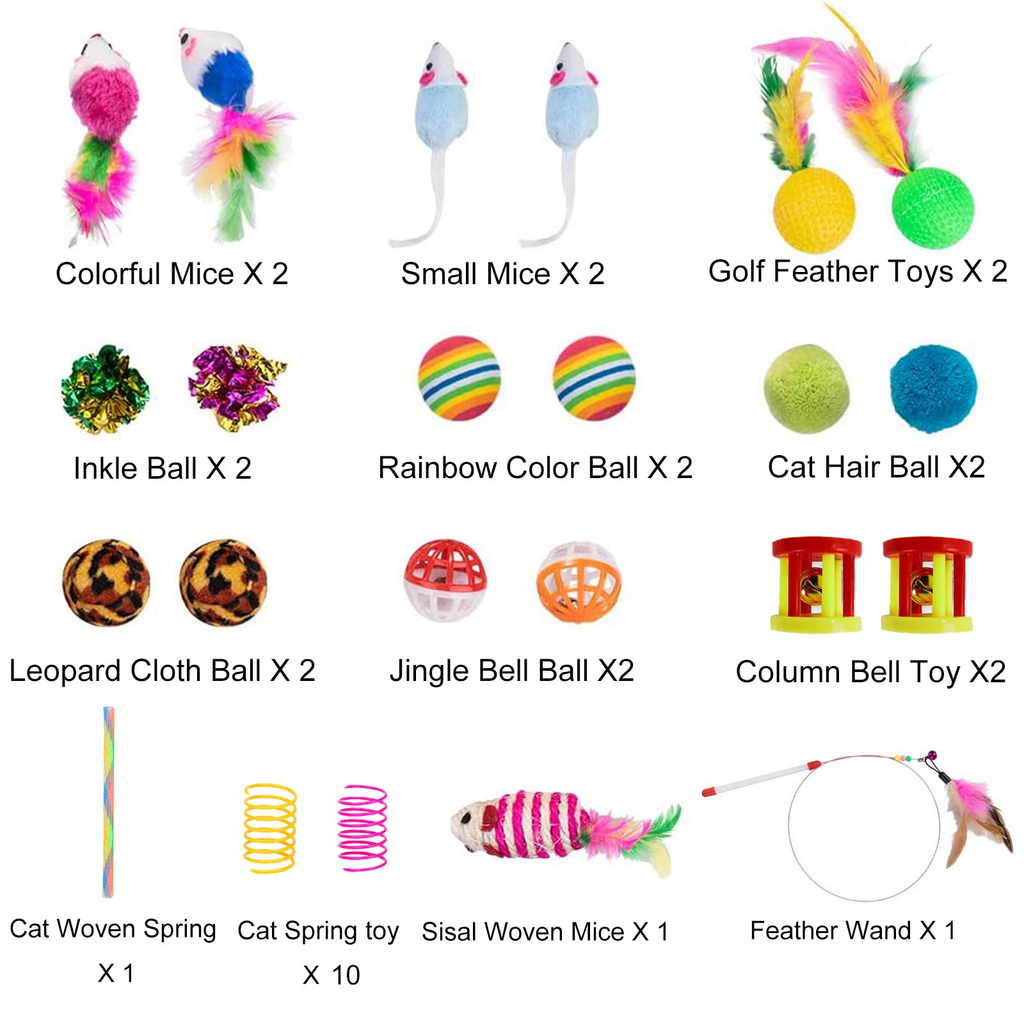 32 Piece Cat Toy Set with 3-Way Foldable Rainbow Tunnel, Feather Wand, Spring Toys, Balls, Mice & Interactive Kitten Play Accessories
