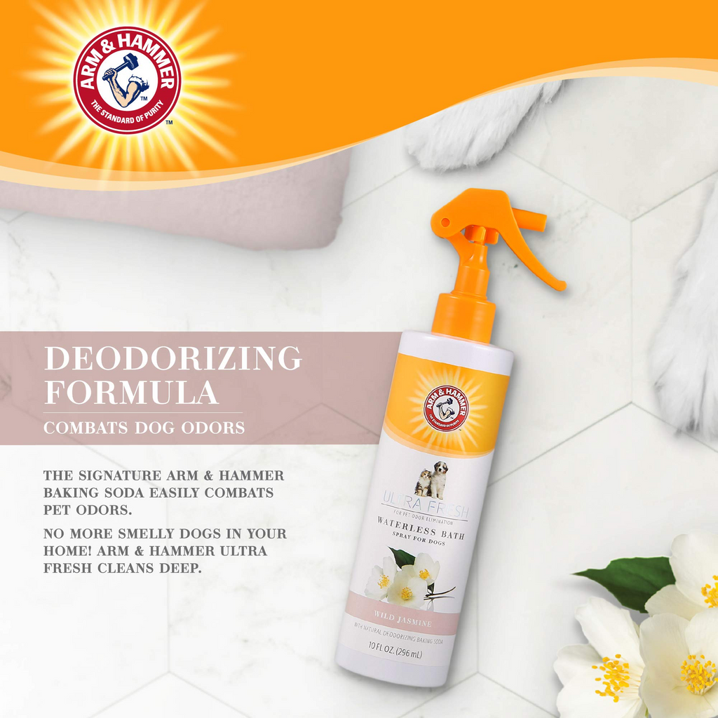 Waterless No-Rinse Dog Bath Spray with Baking Soda, White Jasmine Scent Dry Dog Shampoo for Between-Bath Coat Freshening, 10 fl oz