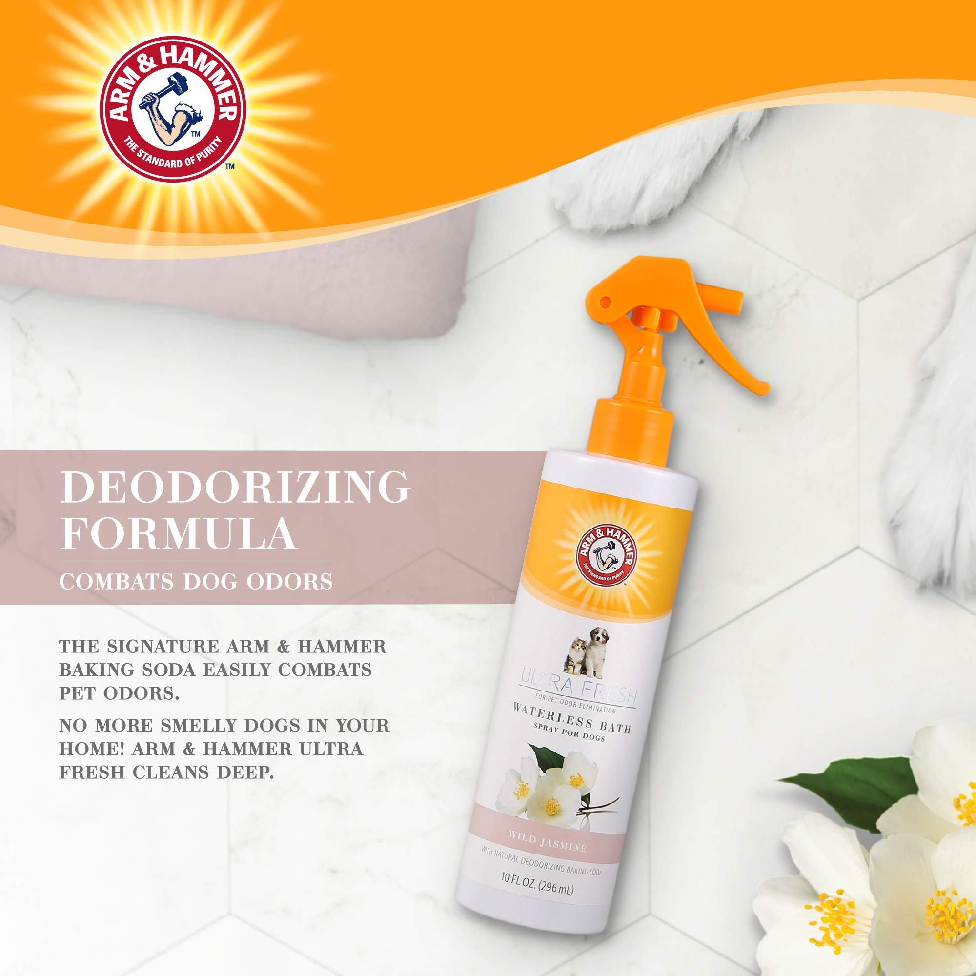 Waterless No-Rinse Dog Bath Spray with Baking Soda, White Jasmine Scent Dry Dog Shampoo for Between-Bath Coat Freshening, 10 fl oz