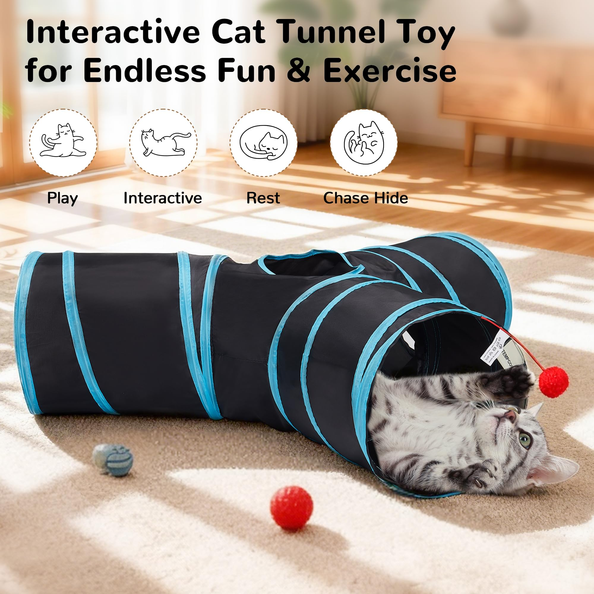 3-Way Collapsible Cat Tunnel Toy for Indoor Cats – Interactive Polyester Tube with Peek Holes, Hanging Ball & Teaser Wand, Black & Blu