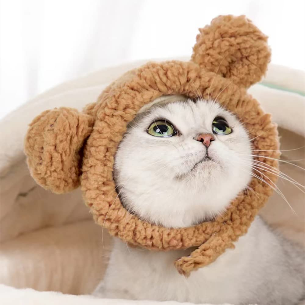 Cute Bear Hat for Cats and Small Dogs, Adjustable Soft Plush Pet Headwear, Warm Winter Costume, Brown