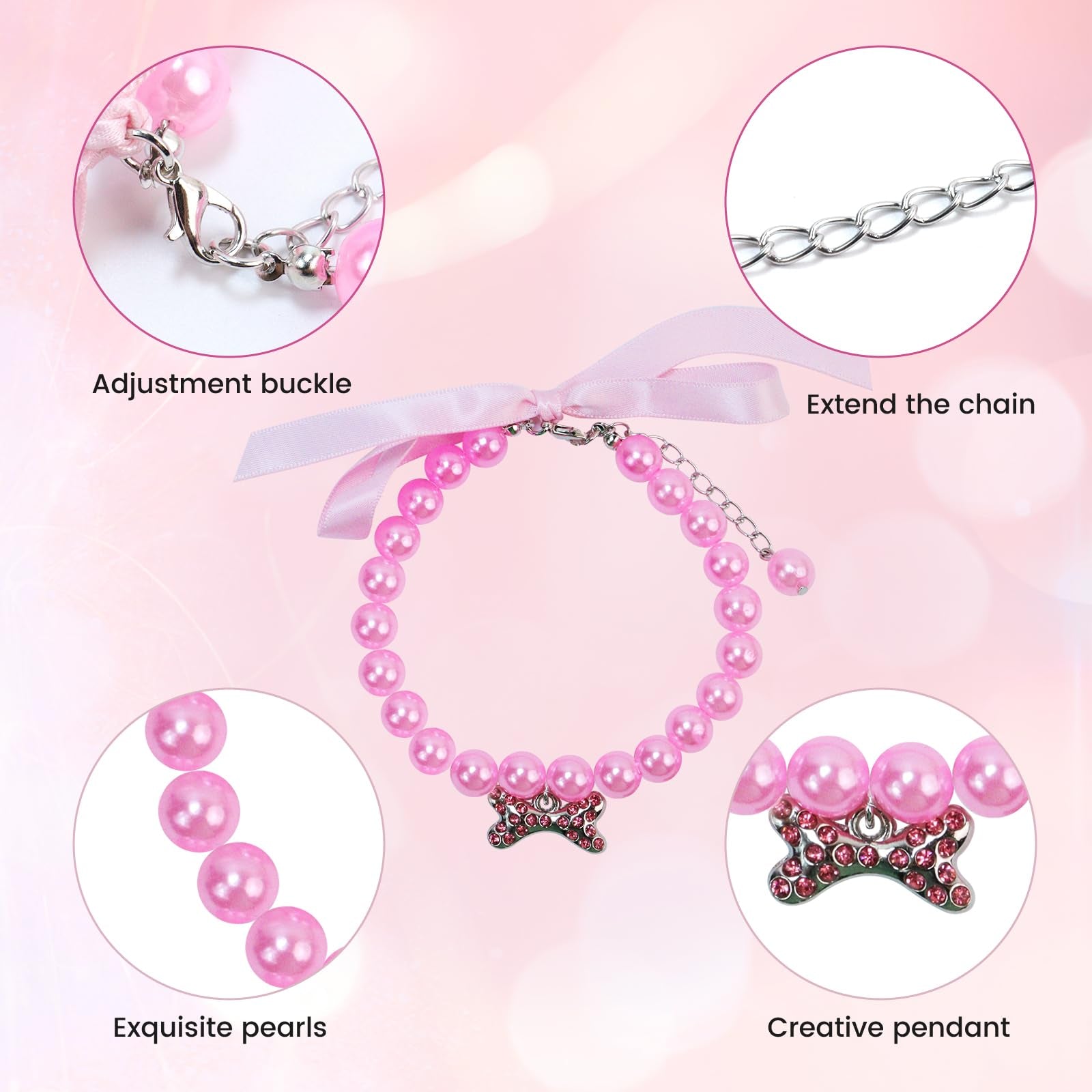 2 Pack Pearl Pet Collar Necklace with Rhinestones and Ribbon Bow, Adjustable Dog & Cat Jewelry for Weddings, Parties & Photos