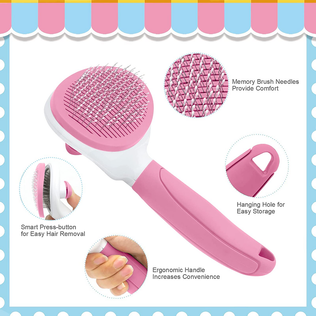 Self-Cleaning Pet Grooming Brush with Metal Comb, One-Click Hair Release, Stainless Steel Pins for Cats, Dogs & Rabbits, Pink