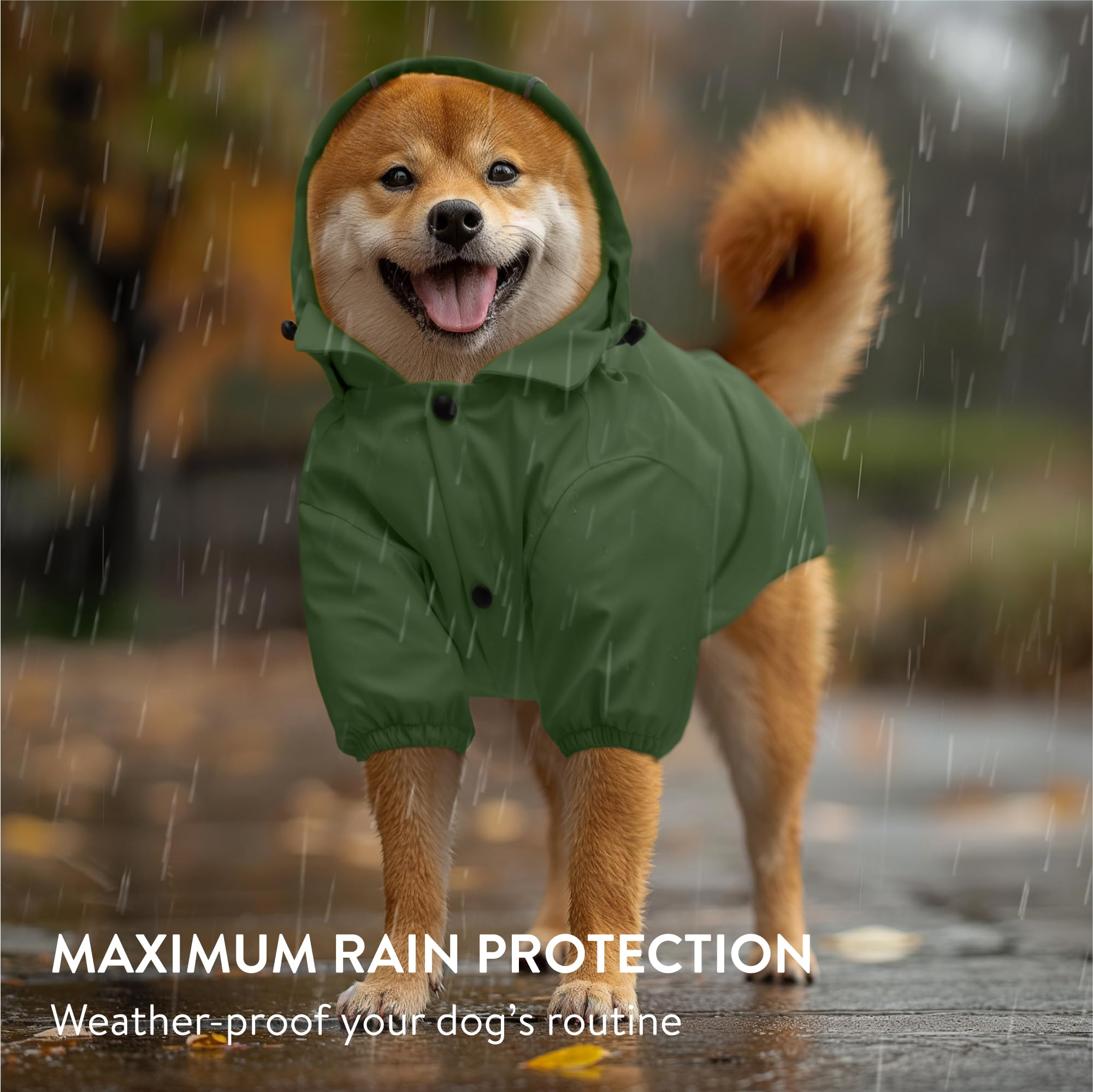 Waterproof Hooded Dog Rain Jacket with Removable Hood, Double-Layer Water-Resistant Dog Raincoat with Pocket, Size M, Green