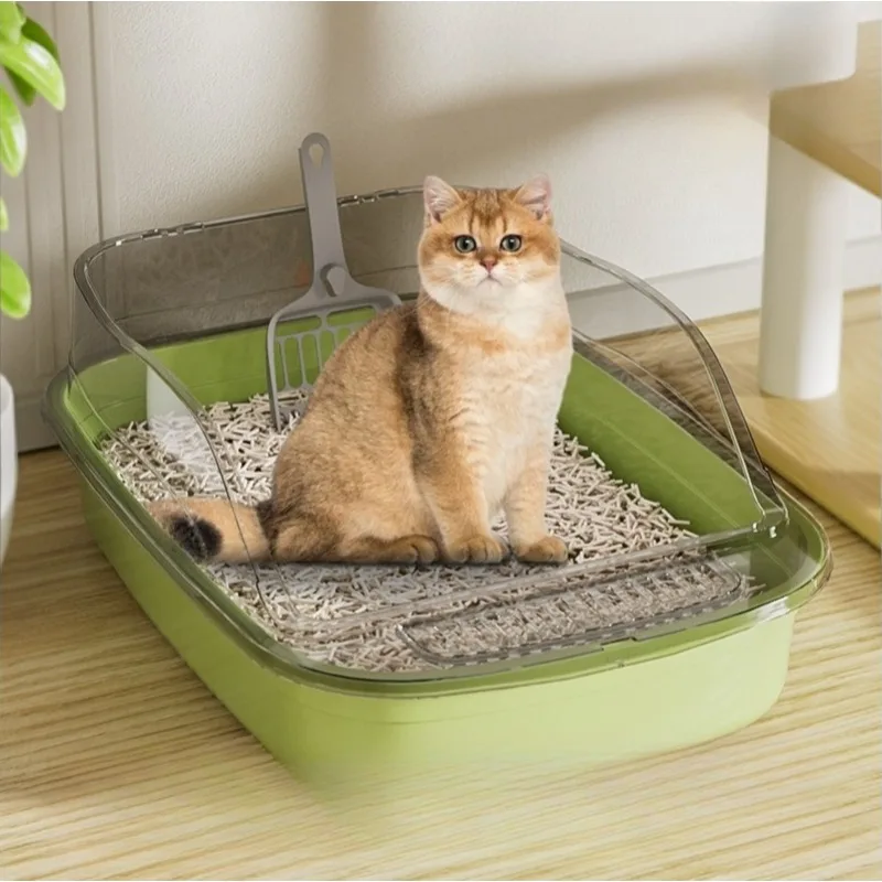 Semi Covered Cat Litter Box with Removable Scoop, Plastic Anti-Tracking Pet Toilet for Odor Control