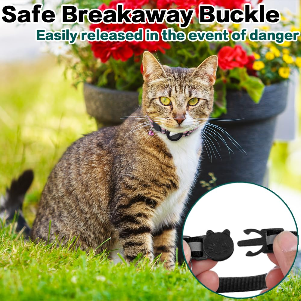 Reflective Breakaway Cat Collar with AirTag Holder, Adjustable Lightweight Nylon Collar with Bell, Waterproof AirTag Case, Black