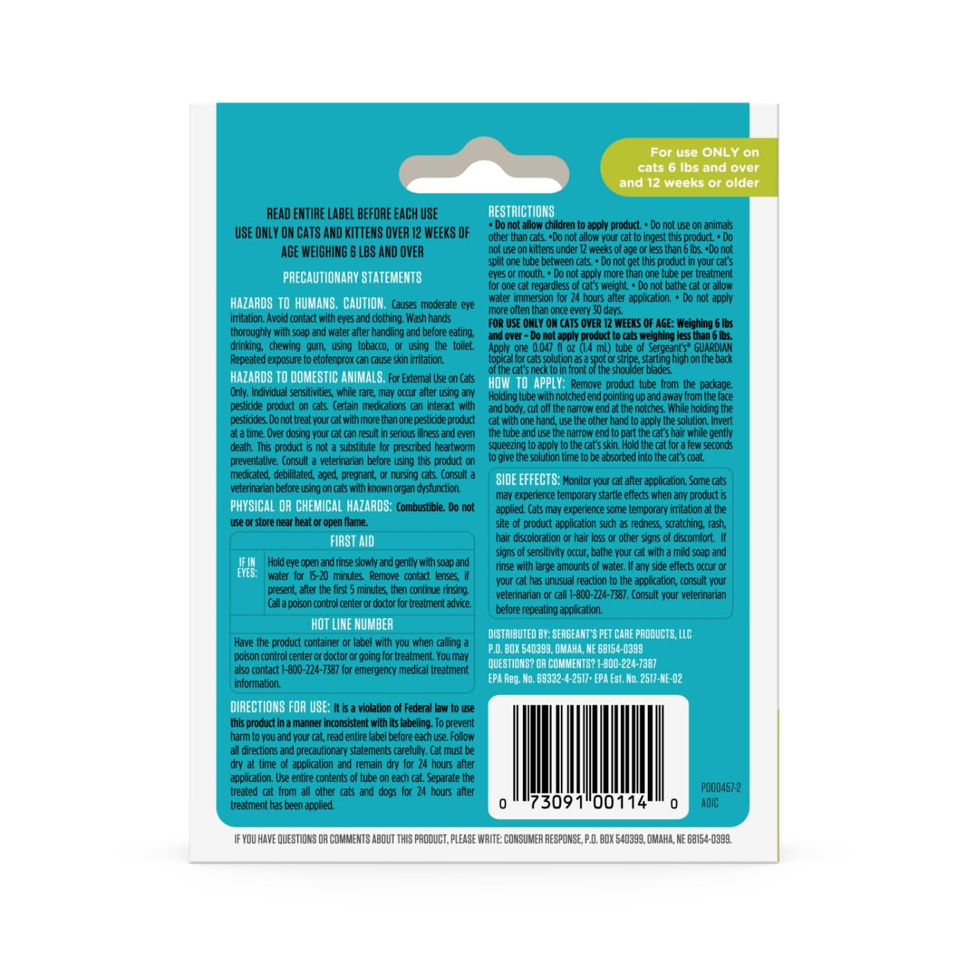 Flea & Tick Topical Treatment for Cats 6 lbs and Over, Quick-Drying Formula, Repels Mosquitoes, Up to 4 Weeks Protection, 3 Count