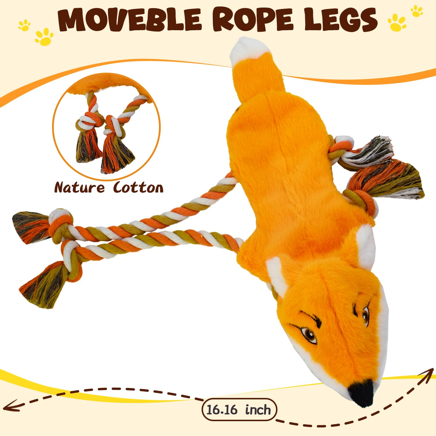 3-Pack No Stuffing Dog Squeaky Toys – Plush Rope Tug Toys with Crinkle Paper for Small, Medium & Large Dogs, Raccoon, Honey Badger & Fox