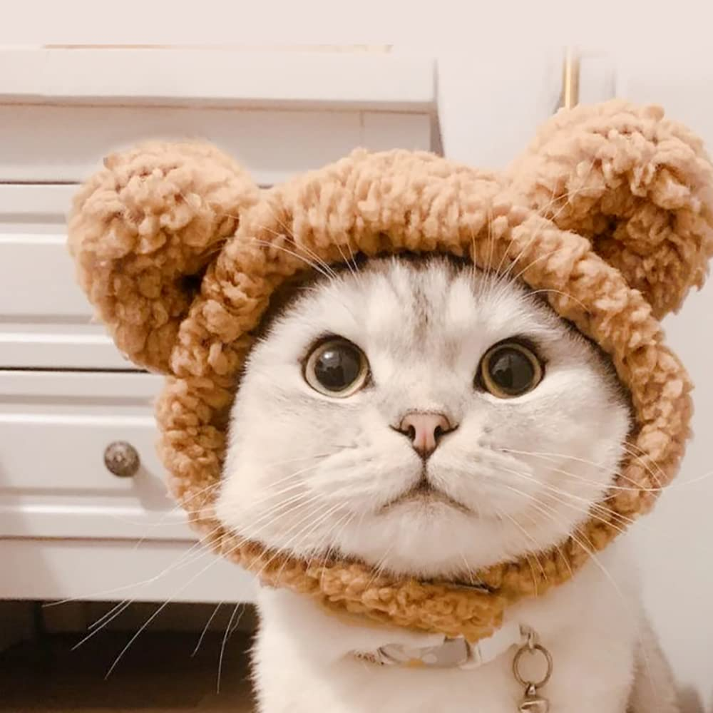 Cute Bear Hat for Cats and Small Dogs, Adjustable Soft Plush Pet Headwear, Warm Winter Costume, Brown