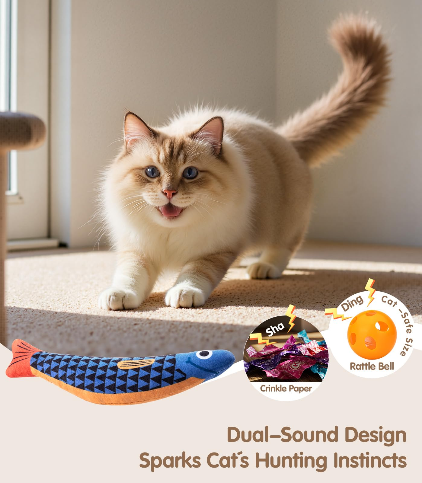 Interactive Catnip Fish Toy for Indoor Cats – Soft Cat Kicker Toy with Catnip, Silvervine, Crinkle Paper & Rattle Ball for Cats & Kittens