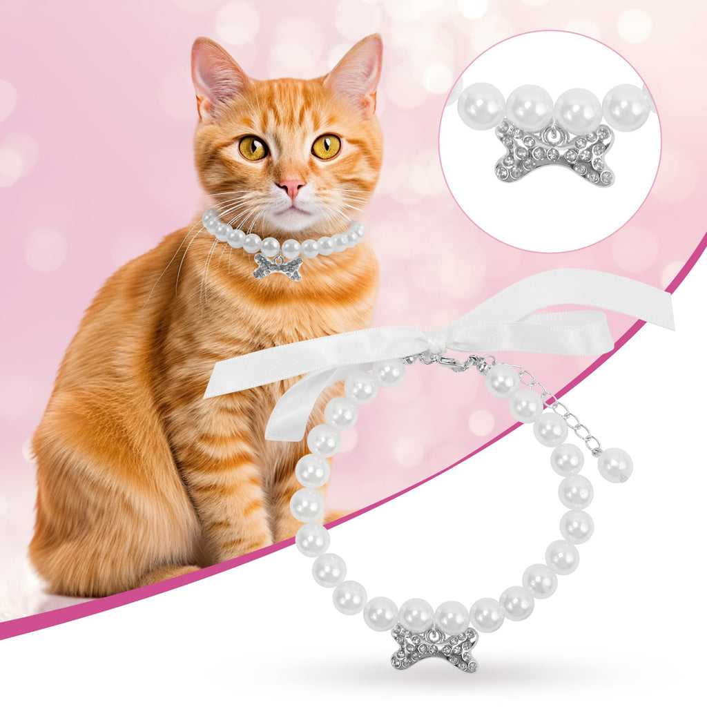 2 Pack Pearl Pet Collar Necklace with Rhinestones and Ribbon Bow, Adjustable Dog & Cat Jewelry for Weddings, Parties & Photos