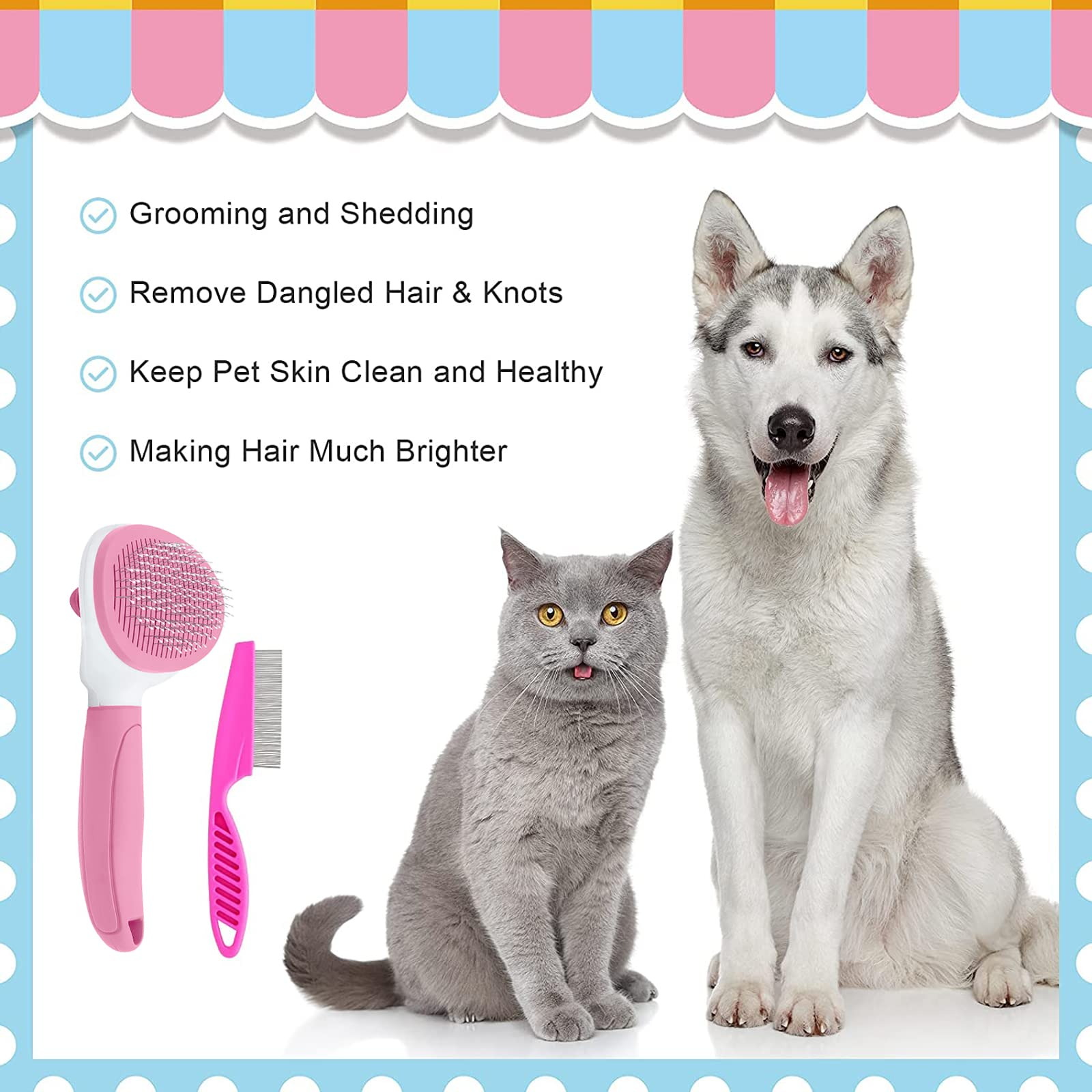 Self-Cleaning Pet Grooming Brush with Metal Comb, One-Click Hair Release, Stainless Steel Pins for Cats, Dogs & Rabbits, Pink