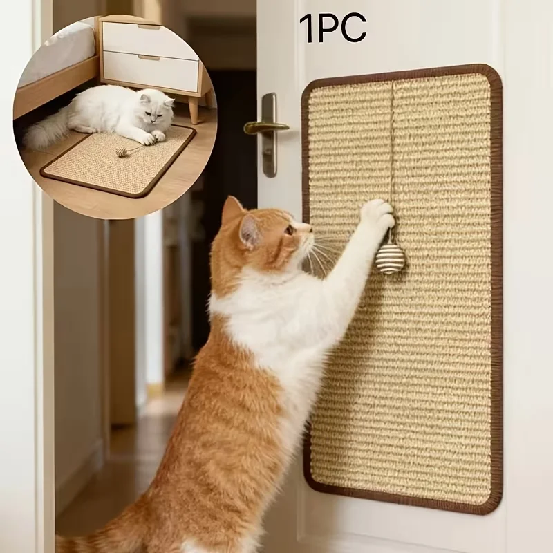 Standing Sisal Cat Scratcher with Hanging Ball, Space-Saving Cat Scratching Post for Indoor Cats, Furniture Protection