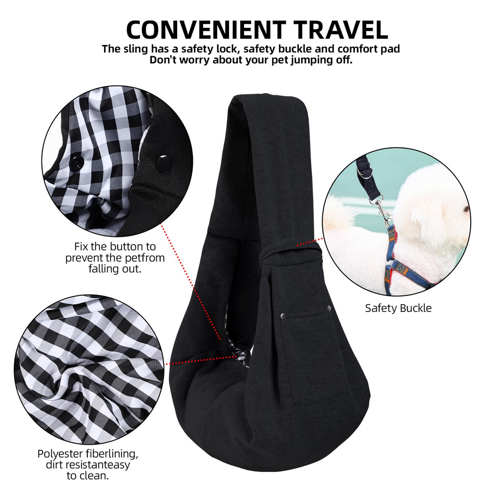 Reversible Dog Carrier Sling for Small Dogs & Cats – Hands-Free Pet Carrier with Safety Harness, Storage Pocket, Machine Washable, Black