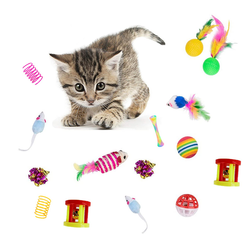 32 Piece Cat Toy Set with 3-Way Foldable Rainbow Tunnel, Feather Wand, Spring Toys, Balls, Mice & Interactive Kitten Play Accessories
