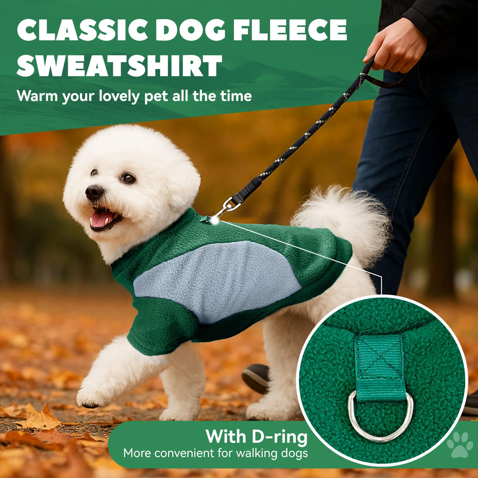 Small Fleece Dog Sweater with Leash Ring, Soft Turtleneck Pullover for Small Dogs and Cats, Warm Pet Apparel, Green XS