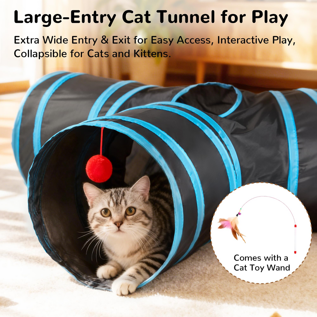 3-Way Collapsible Cat Tunnel Toy for Indoor Cats – Interactive Polyester Tube with Peek Holes, Hanging Ball & Teaser Wand, Black & Blu